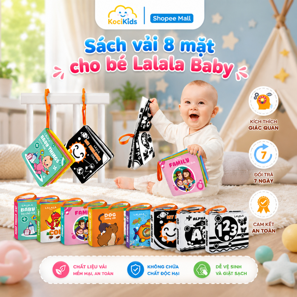 Sách vải 8 mặt cho bé sơ sinh 0 đến 12 tháng Lalala baby kích thước 12x11cm
