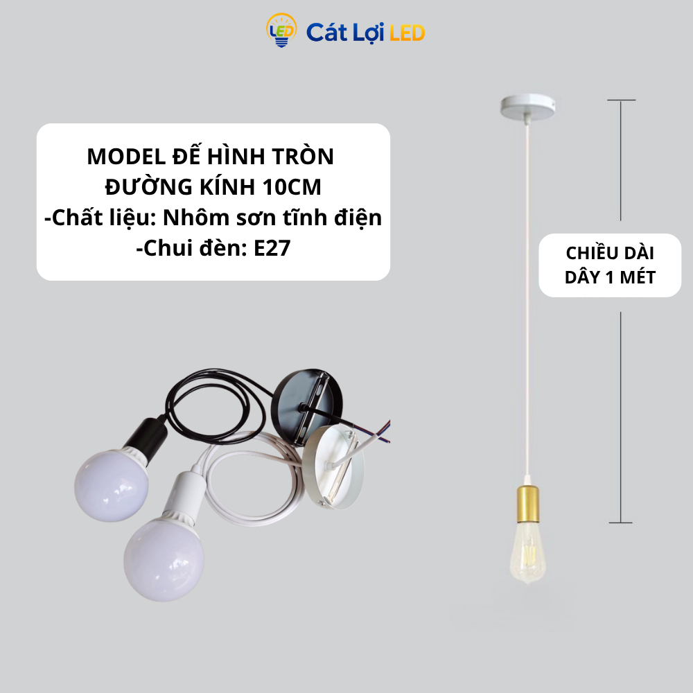 Bộ đui đèn thả trần E27 kèm dây 1M và đế ốp thép, đen và trắng đa dụng