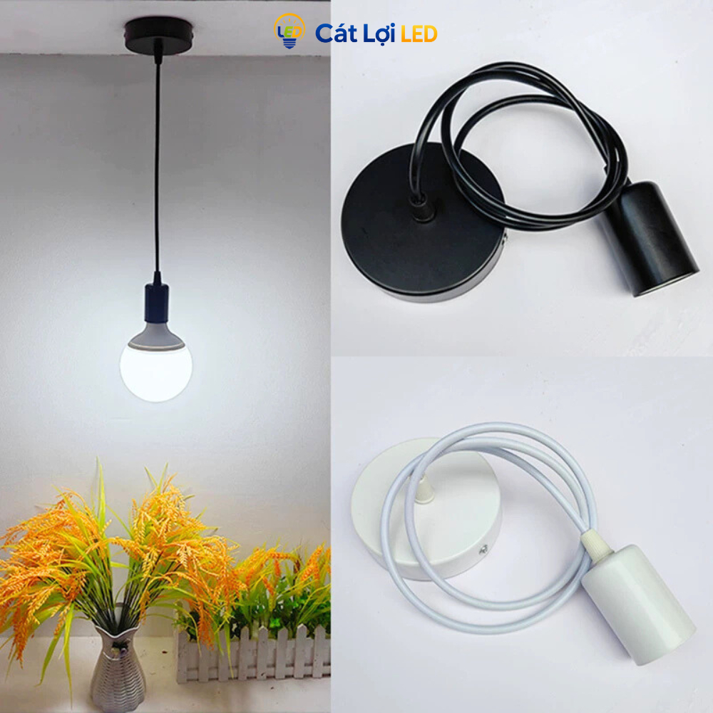 Bộ đui đèn thả trần E27 kèm dây 1M và đế ốp thép, đen và trắng đa dụng