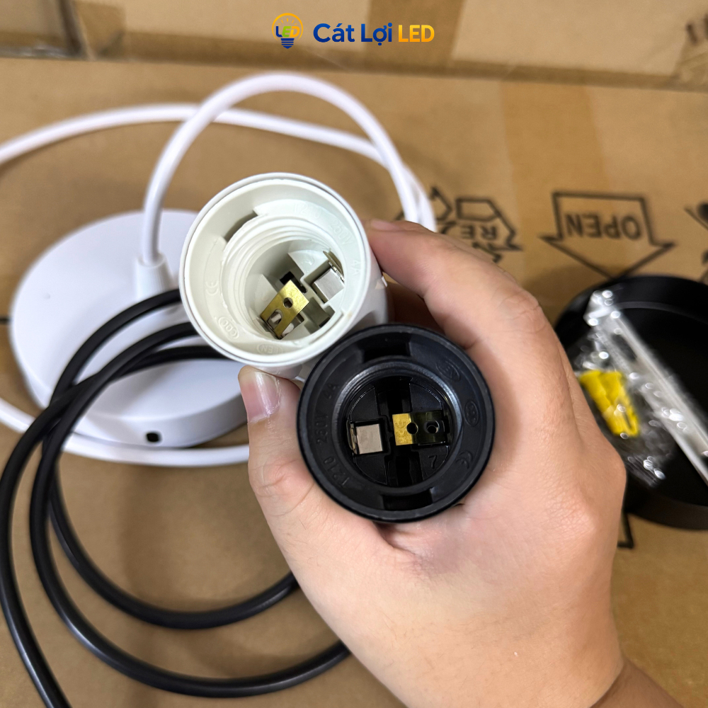 Bộ đui đèn thả trần E27 kèm dây 1M và đế ốp thép, đen và trắng đa dụng