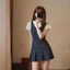 Set Váy Yếm Kẻ Caro Hari Xếp Ly Mix Áo Thun Cổ Sen Nữ Dáng Ngắn Tiểu Thư Dễ Thương Style Hàn Quốc Đi Chơi Xinh Xắn 21372