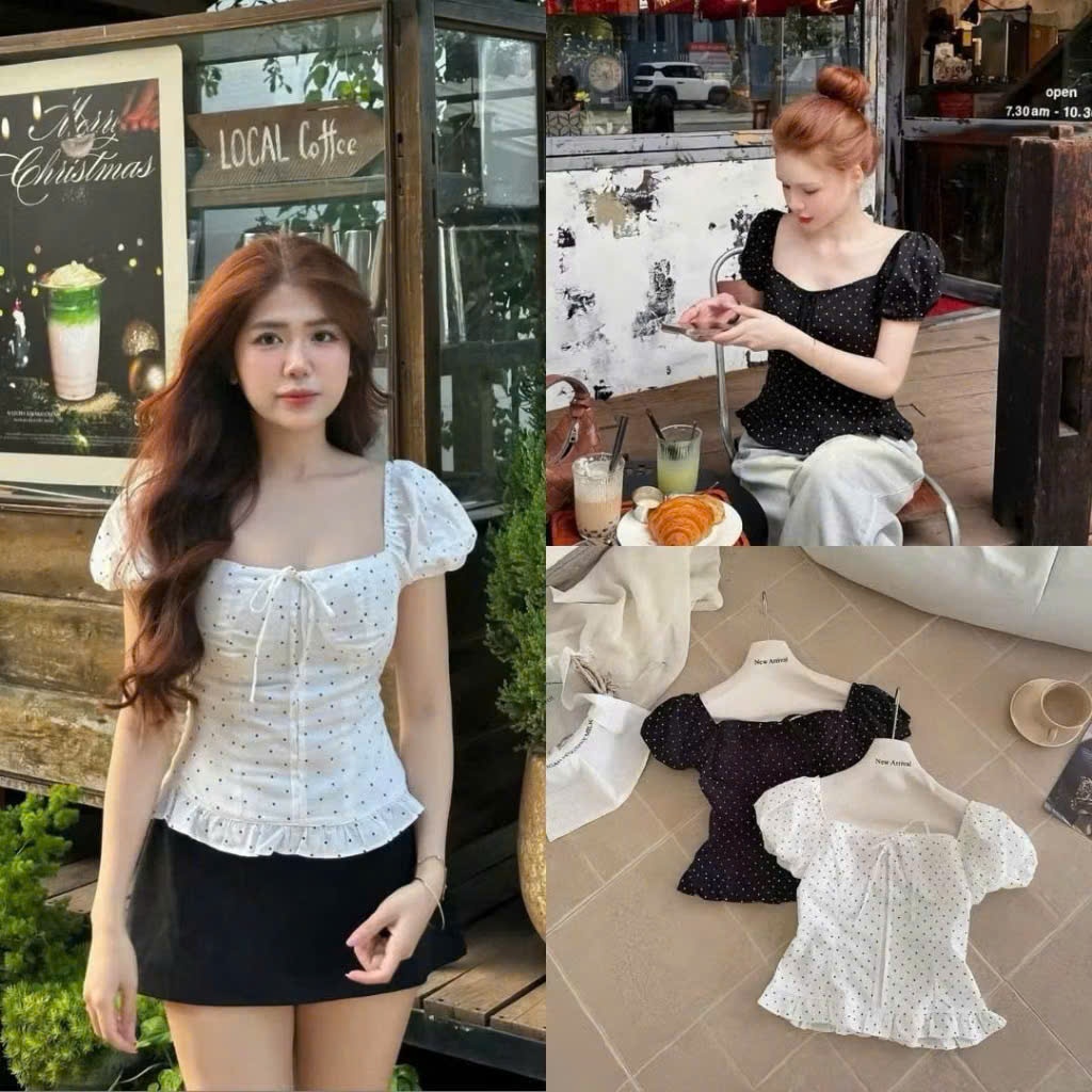 Áo Croptop Nữ Cổ Vuông Tay Bồng Chấm Bi Style Tiểu Thư Hàn Quốc Dễ Phối Đồ Mặc Đi Chơi Đi Biển1351 Joolate