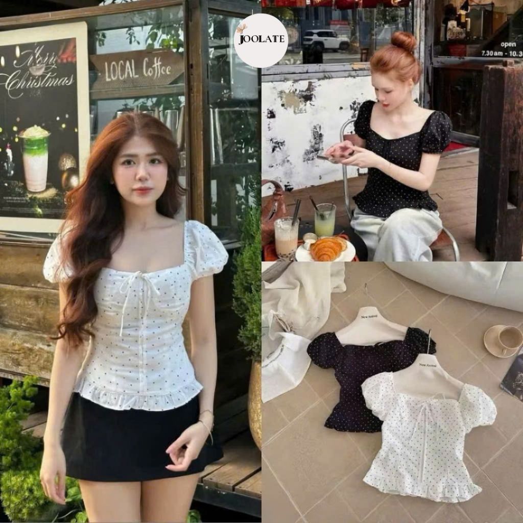 Áo Croptop Nữ Cổ Vuông Tay Bồng Chấm Bi Style Tiểu Thư Hàn Quốc Dễ Phối Đồ Mặc Đi Chơi Đi Biển1351 Joolate