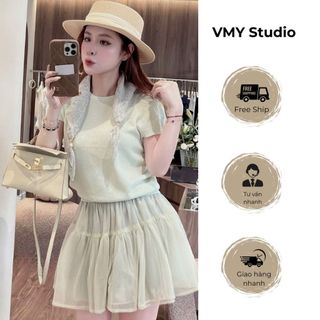 VMY Studio - Áo len montoghi tay ngắn cổ tròn phối khăn sang trọng, áo thun cổ tròn phối khăn tiểu thư QC nữ