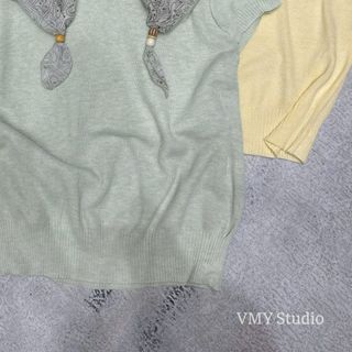 VMY Studio - Áo len montoghi tay ngắn cổ tròn phối khăn sang trọng, áo thun cổ tròn phối khăn tiểu thư QC nữ