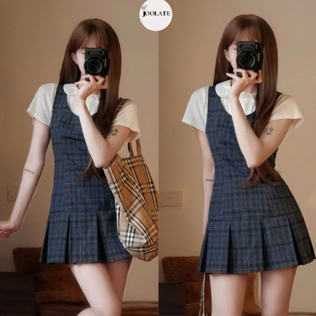 Set Váy Yếm Kẻ Caro Xếp Ly Dáng Ngắn Mix Áo Thun Cổ Sen StyleTiểu Thư Dễ Thương Đi Chơi Xinh Xắn Joolate set21372