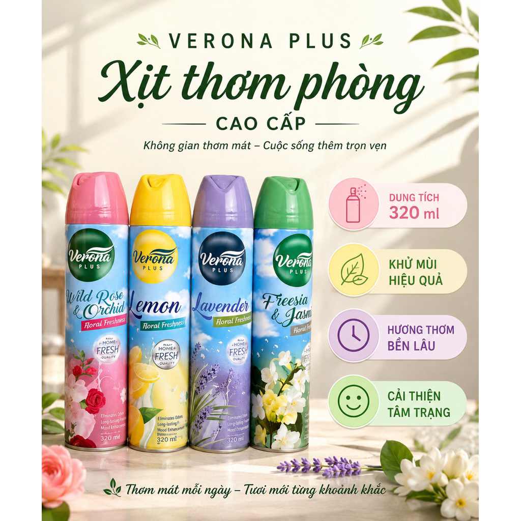 [Combo 2 Chai ]VERONA PLUS 320ml Chai Xịt Thơm dùng cho phòng ngủ, phòng khách, ô tô