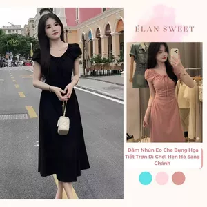 Váy Nữ Dáng Dài Tay Ngắn Phồng, Đầm Nhún Eo Che Bụng Họa Tiết Trơn Đi Chơi Hẹn Hò Sang Chảnh