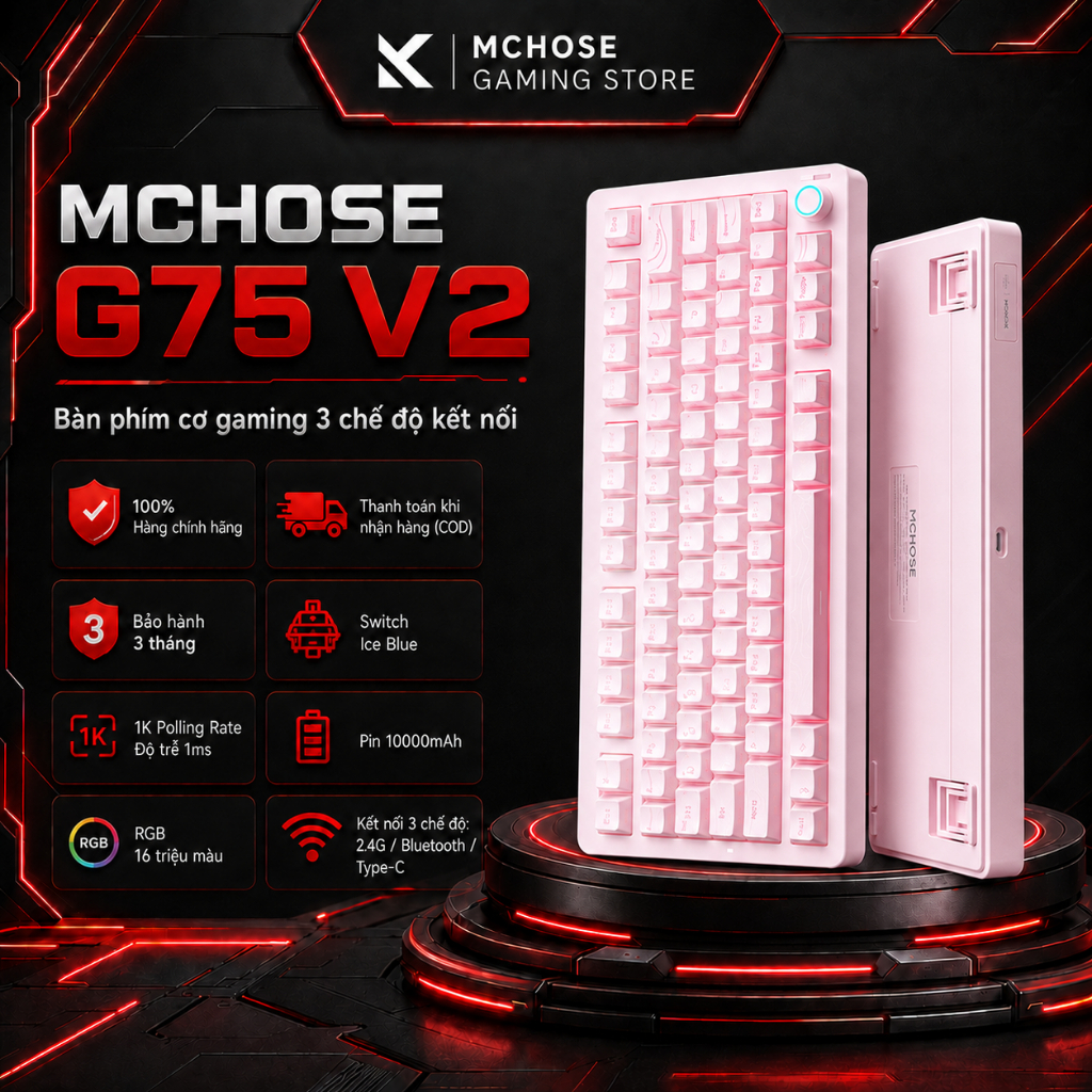 MCHOSE G75 V2 Hồng Bàn Phím Cơ Gaming Không Dây Bluetooth RGB Gasket 75 ...