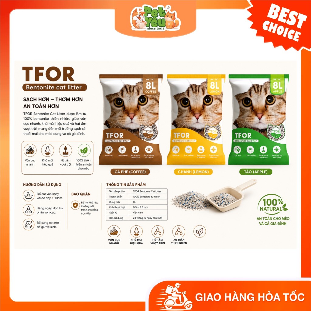 Cát vệ sinh cho mèo TFOR Túi 8L 3.5KG vón tốt, khử mùi hiệu quả