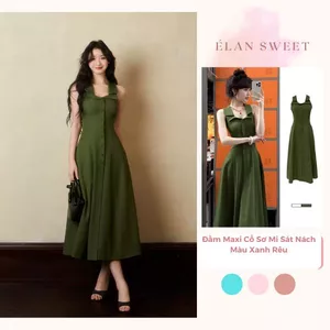 Đầm Maxi Cổ Sơ Mi Sát Nách Màu Xanh Rêu, Váy Xòe Dáng Dài Hàng Nút Thiết Kế Thanh Lịch - Élan Sweet