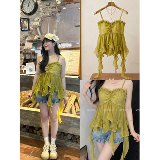 Áo 2 dây bèo tua rua có tăng chỉnh, Dễ Thương chất liệu tơ mềm màu xanh Oliu - 016 Macaron