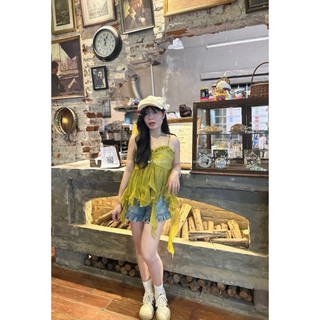 Áo 2 dây bèo tua rua có tăng chỉnh, Dễ Thương chất liệu tơ mềm màu xanh Oliu - 016 Macaron