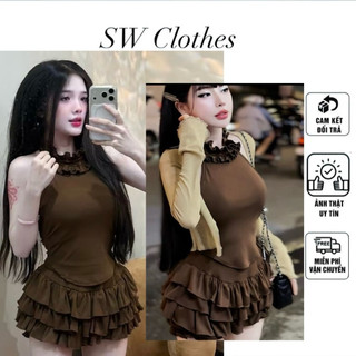 Set 2 món áo yếm cổ viền bèo vạt bầu + quần bí xếp tầng giả váy thun ladong mềm mịn