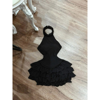 Set 2 món áo yếm cổ viền bèo vạt bầu + quần bí xếp tầng giả váy thun ladong mềm mịn