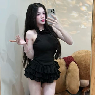 Set 2 món áo yếm cổ viền bèo vạt bầu + quần bí xếp tầng giả váy thun ladong mềm mịn