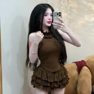 Set 2 món áo yếm cổ viền bèo vạt bầu + quần bí xếp tầng giả váy thun ladong mềm mịn