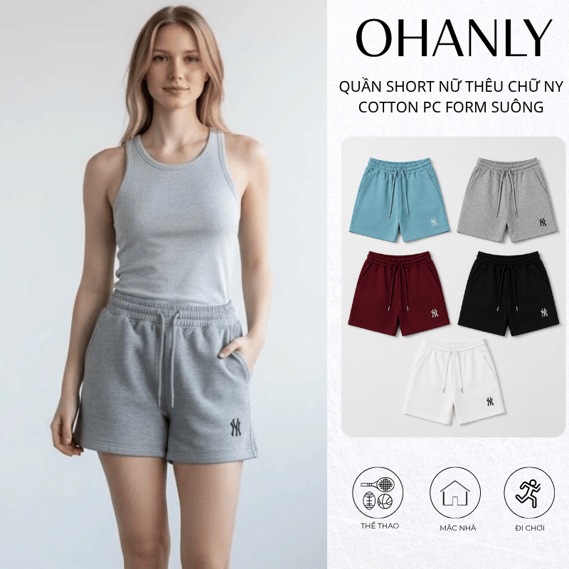 Quần Short Nữ Thêu chữ NY OHANLY – Quần Đùi Nữ Cotton PC Form Suông Co Giãn Mặc Nhà Đi Chơi Thêu Chữ Basic