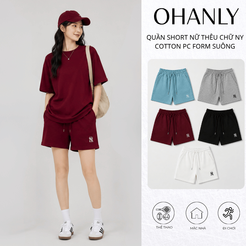 Quần Short Nữ Thêu chữ NY OHANLY – Quần Đùi Nữ Cotton PC Form Suông Co Giãn Mặc Nhà Đi Chơi Thêu Chữ Basic