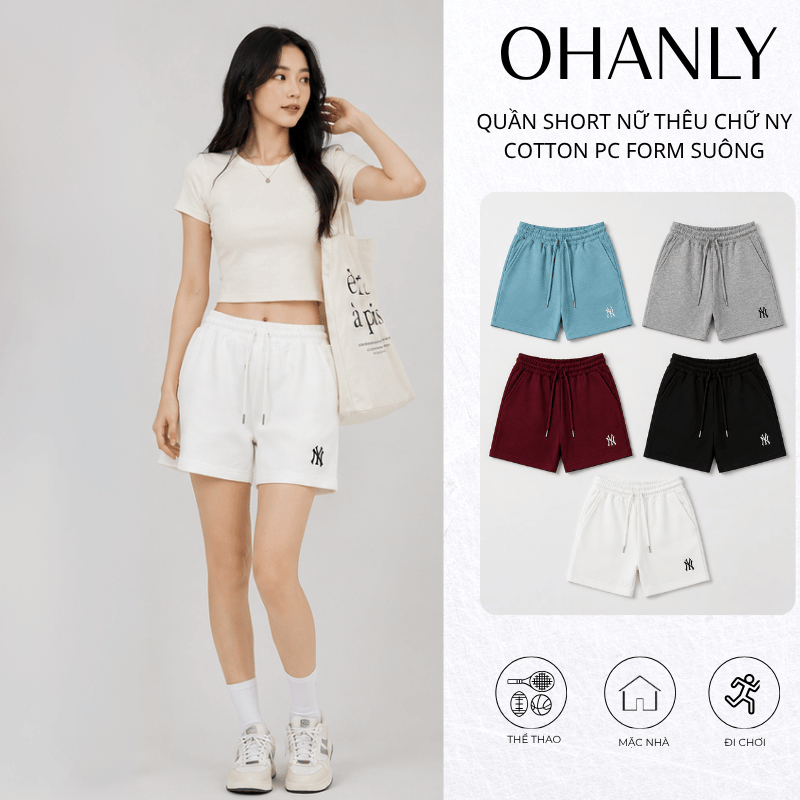 Quần Short Nữ Thêu chữ NY OHANLY – Quần Đùi Nữ Cotton PC Form Suông Co Giãn Mặc Nhà Đi Chơi Thêu Chữ Basic