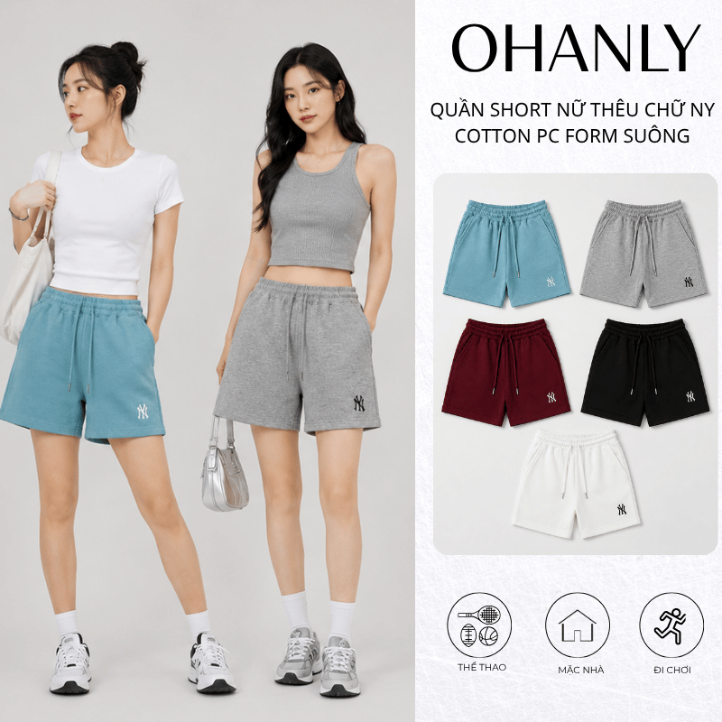 Quần Short Nữ Thêu chữ NY OHANLY – Quần Đùi Nữ Cotton PC Form Suông Co Giãn Mặc Nhà Đi Chơi Thêu Chữ Basic