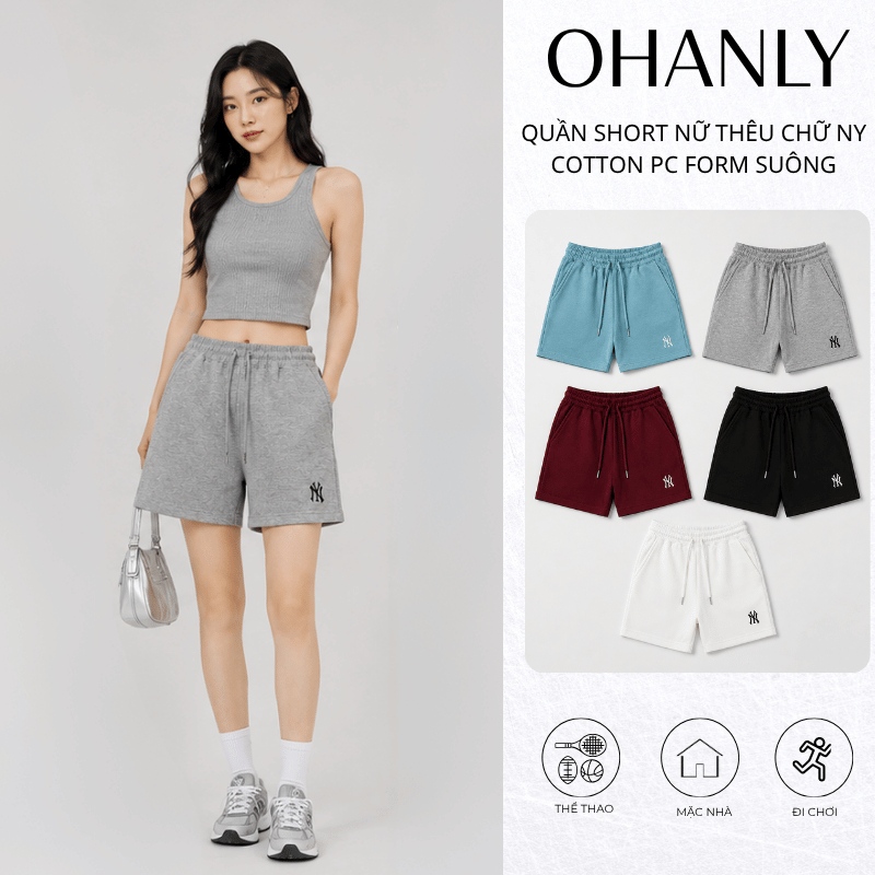 Quần Short Nữ Thêu chữ NY OHANLY – Quần Đùi Nữ Cotton PC Form Suông Co Giãn Mặc Nhà Đi Chơi Thêu Chữ Basic