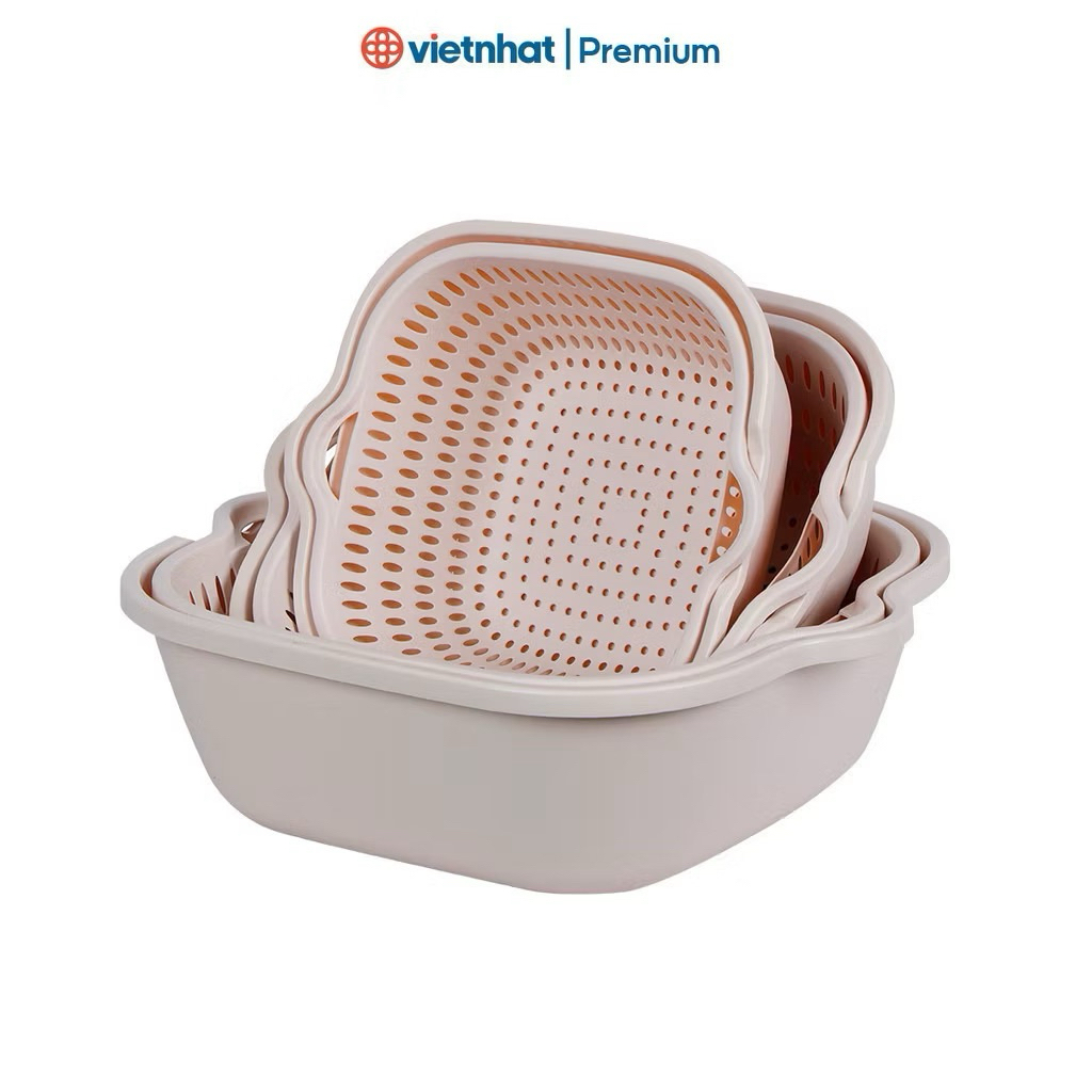 Bộ 6 Chậu Rổ Nhựa Việt Nhật Cao Cấp | Rổ 2 Lớp Rửa Rau Đa Năng
