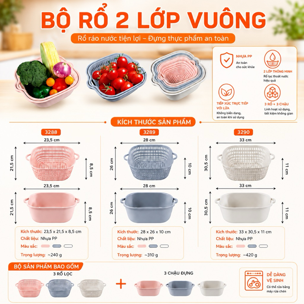 Bộ 6 Chậu Rổ Nhựa Việt Nhật Cao Cấp | Rổ 2 Lớp Rửa Rau Đa Năng