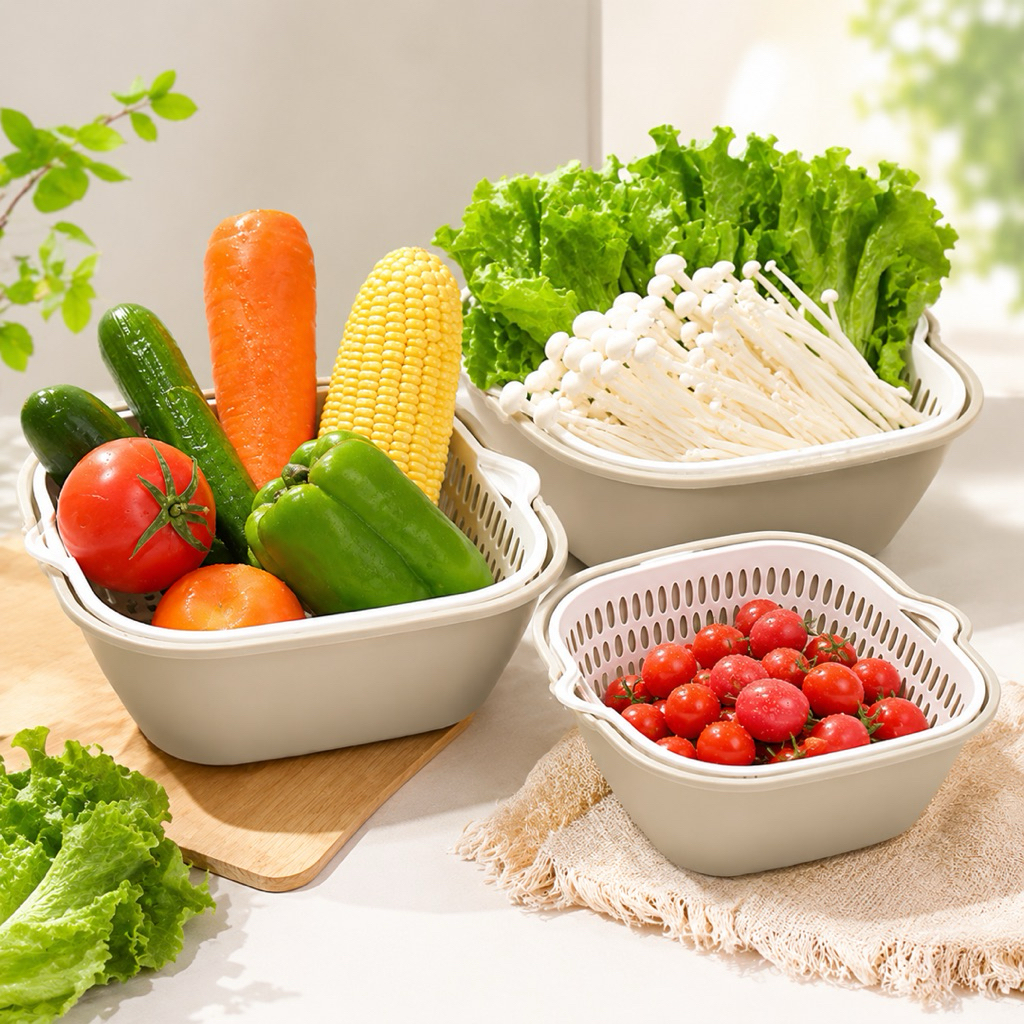 Bộ 6 Chậu Rổ Nhựa Việt Nhật Cao Cấp | Rổ 2 Lớp Rửa Rau Đa Năng