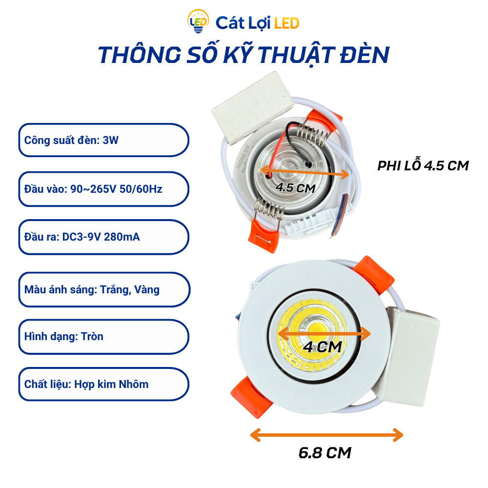 Đèn Âm Trần Spotlight 3W Xoay Góc Thiết Kế Nhỏ Gọn Chiếu Sáng Linh Hoạt, Loại Đèn LED Rọi Chiếu Điểm CRI > 98