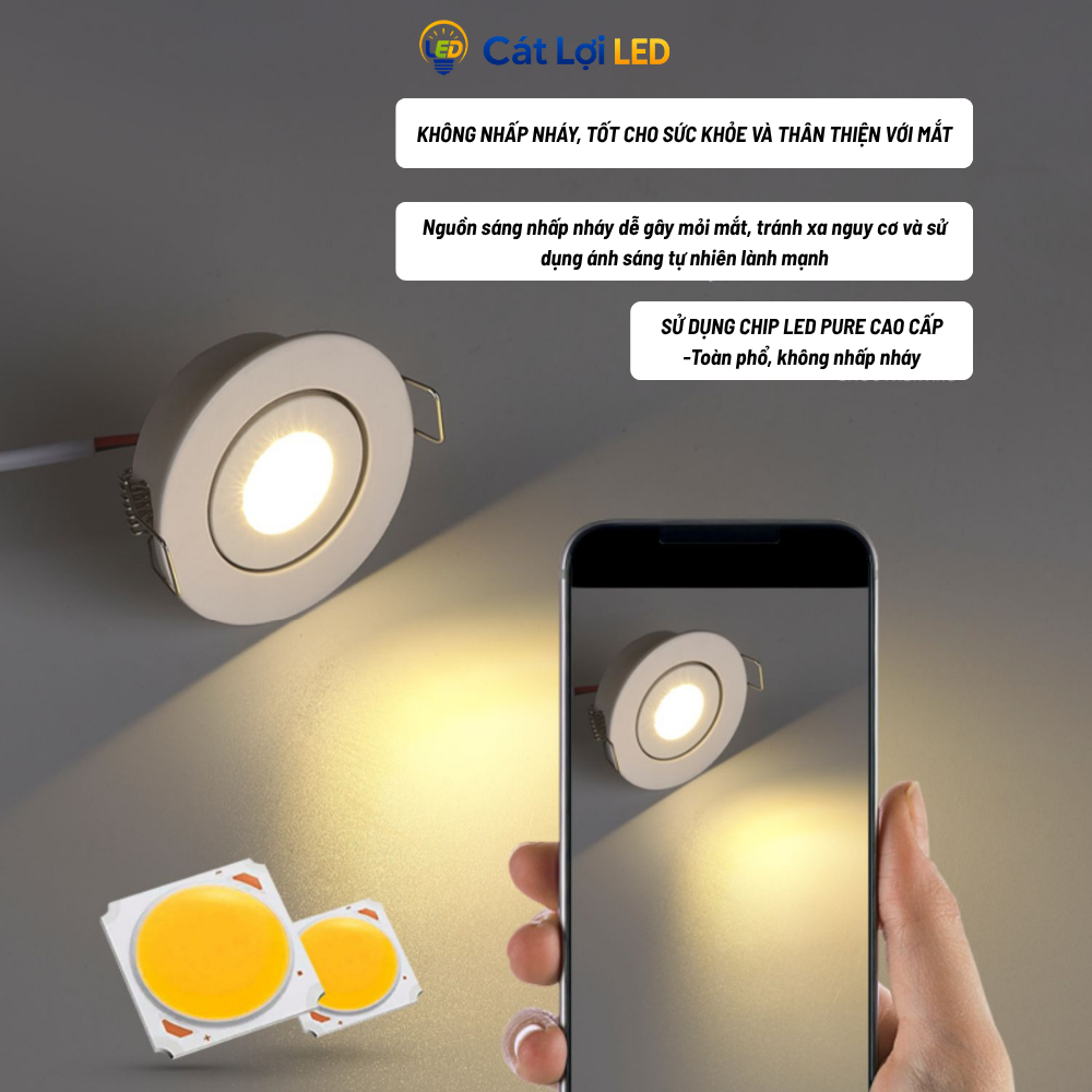 Đèn Âm Trần Spotlight 3W Xoay Góc Thiết Kế Nhỏ Gọn Chiếu Sáng Linh Hoạt, Loại Đèn LED Rọi Chiếu Điểm CRI > 98