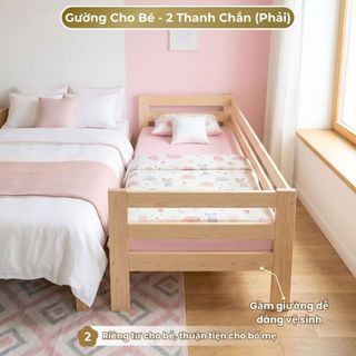 Giường Ngủ Em Bé 2m Có Rào Chắn, Gỗ Thông 100%, An Toàn cho bé, Chống Té Ngã Bền Đẹp