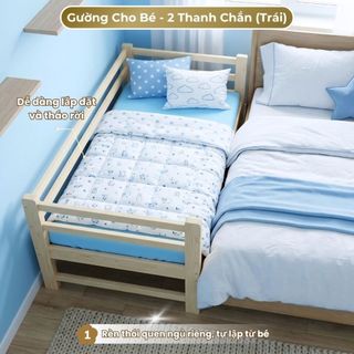 Giường Ngủ Em Bé 2m Có Rào Chắn, Gỗ Thông 100%, An Toàn cho bé, Chống Té Ngã Bền Đẹp