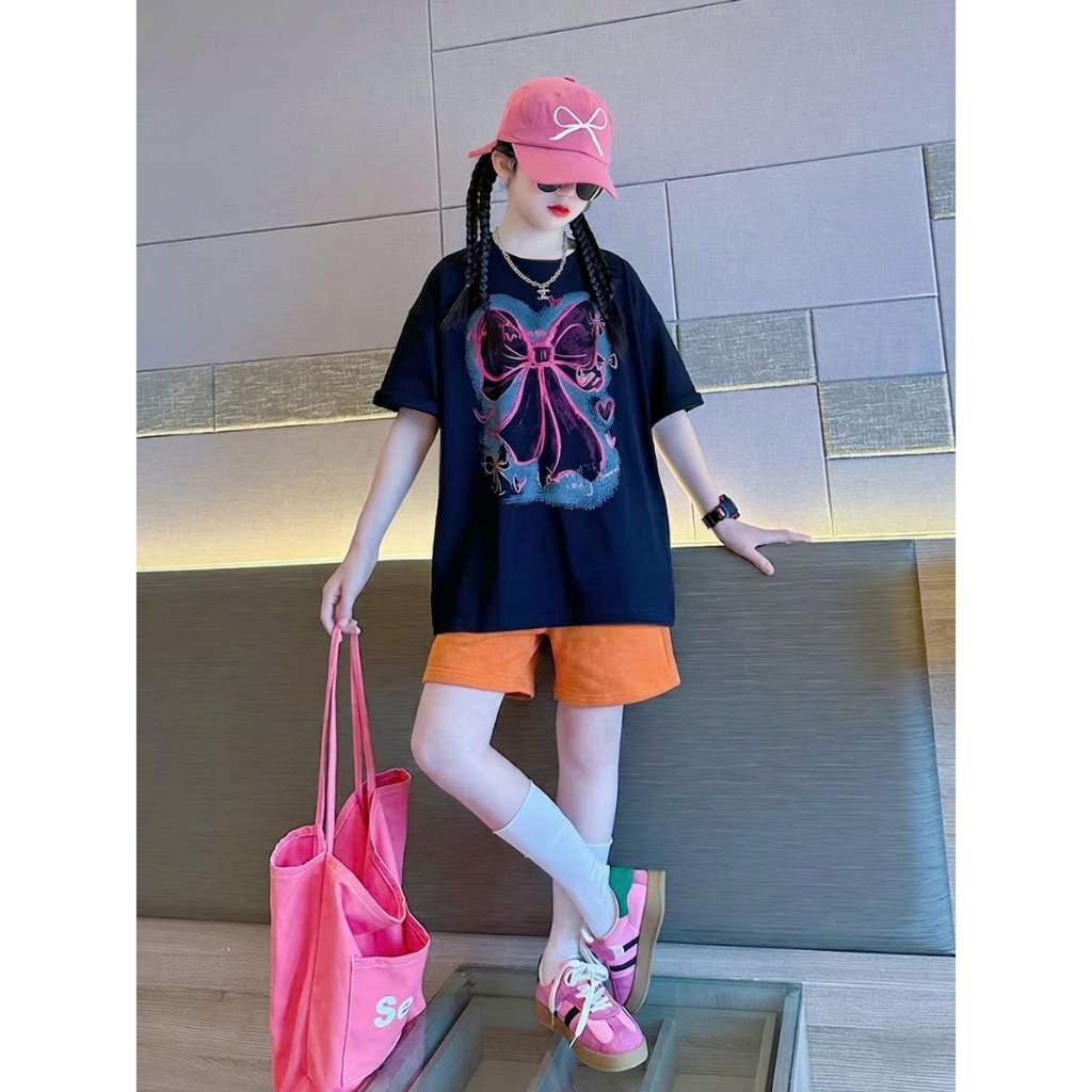 Sét quần áo size đại đi chơi cho bé gái,in hình nơ,chất vải cotton thấm hút mồ hôi thoải mái cho bé.M85