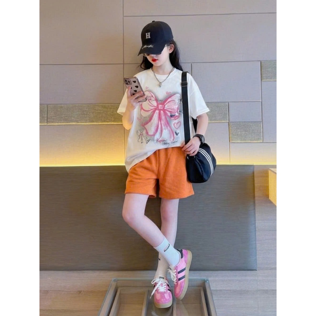Sét quần áo size đại đi chơi cho bé gái,in hình nơ,chất vải cotton thấm hút mồ hôi thoải mái cho bé.M85