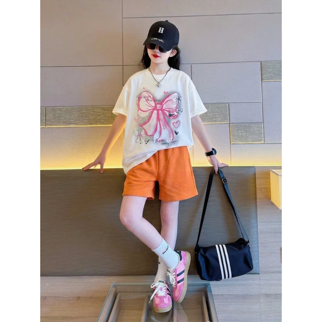 Sét quần áo size đại đi chơi cho bé gái,in hình nơ,chất vải cotton thấm hút mồ hôi thoải mái cho bé.M85