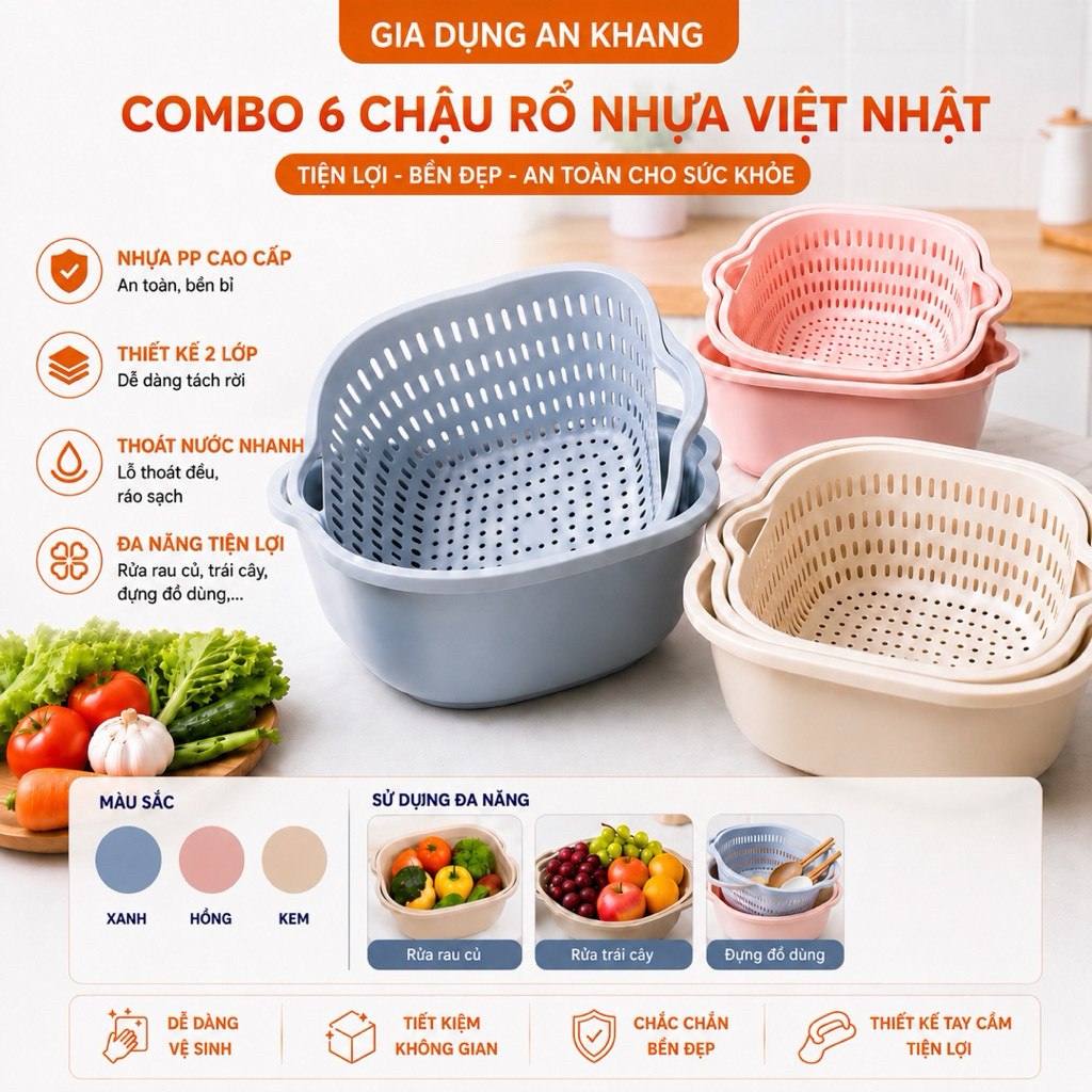 Bộ 6 Chậu Rổ Nhựa Việt Nhật Cao Cấp | Rổ 2 Lớp Rửa Rau Đa Năng