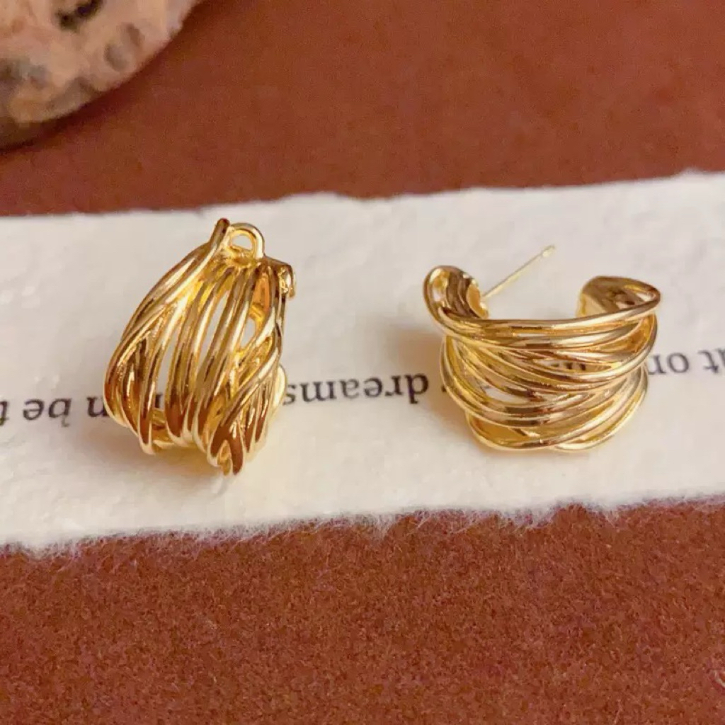 Khuyên tai nữ chuôi bạc 925 De Merci bông tai đan chồng nhau phủ bóng phụ kiện trang sức nữ cá tính BT