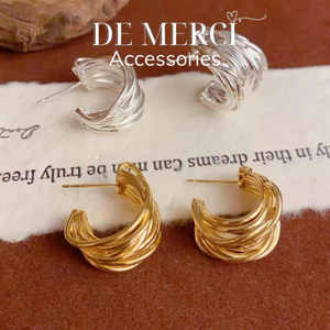 Khuyên tai nữ chuôi bạc 925 De Merci bông tai đan chồng nhau phủ bóng phụ kiện trang sức nữ cá tính BT
