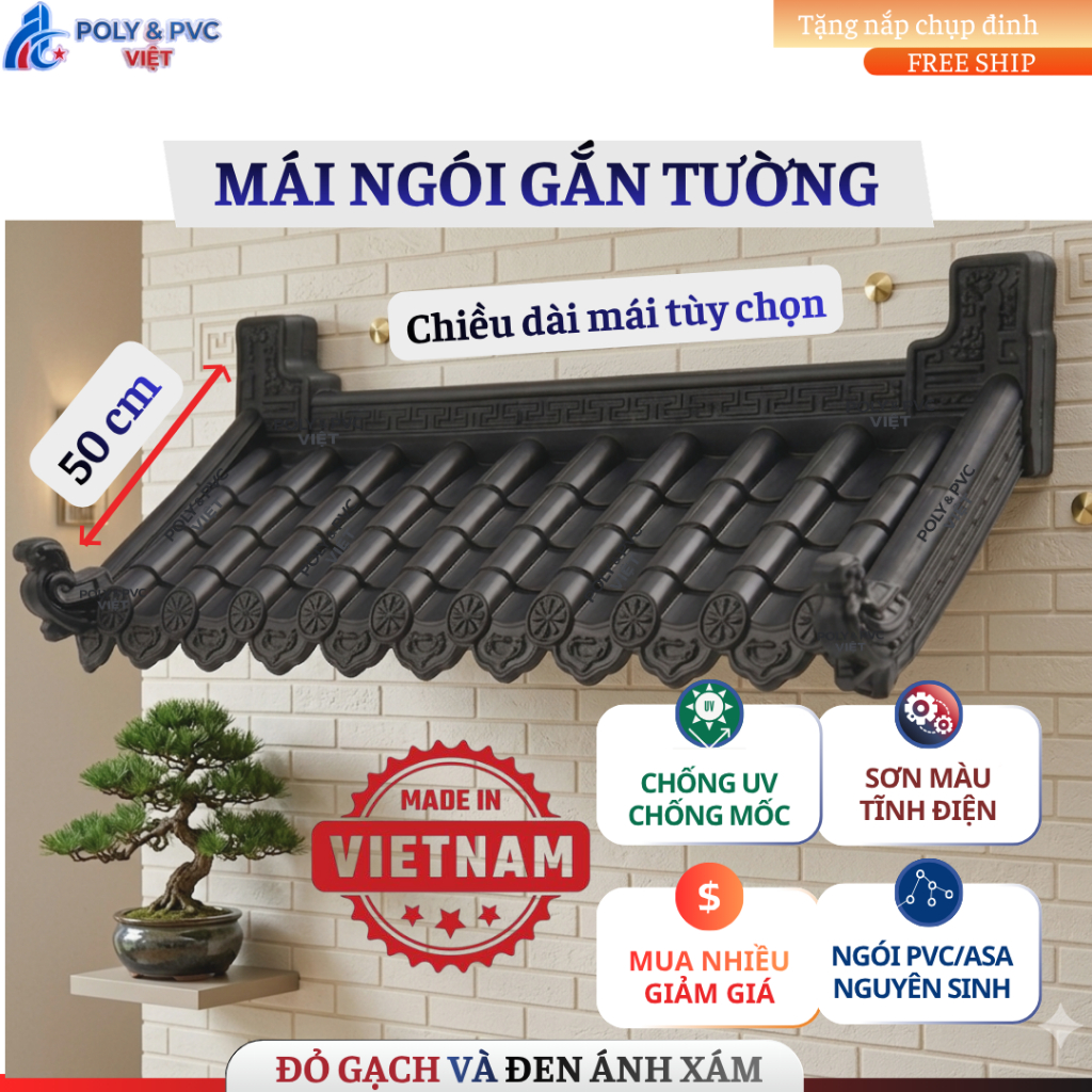 [50cm x 1m, 2m, 3m,...] Combo Mái ngói nhựa âm dương Đen + Đỏ, full phụ kiện