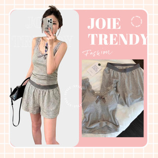 Bộ đồ ngủ nữ JOIE TRENDY thun tăm tôn dáng, Set mặc nhà sát nách viền ren xám phối nơ sang chảnh