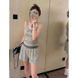 Bộ đồ ngủ nữ JOIE TRENDY thun tăm tôn dáng, Set mặc nhà sát nách viền ren xám phối nơ sang chảnh