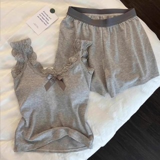 Bộ đồ ngủ nữ JOIE TRENDY thun tăm tôn dáng, Set mặc nhà sát nách viền ren xám phối nơ sang chảnh