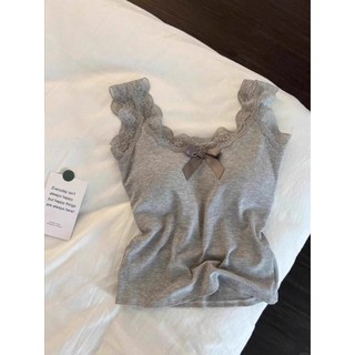 Bộ đồ ngủ nữ JOIE TRENDY thun tăm tôn dáng, Set mặc nhà sát nách viền ren xám phối nơ sang chảnh