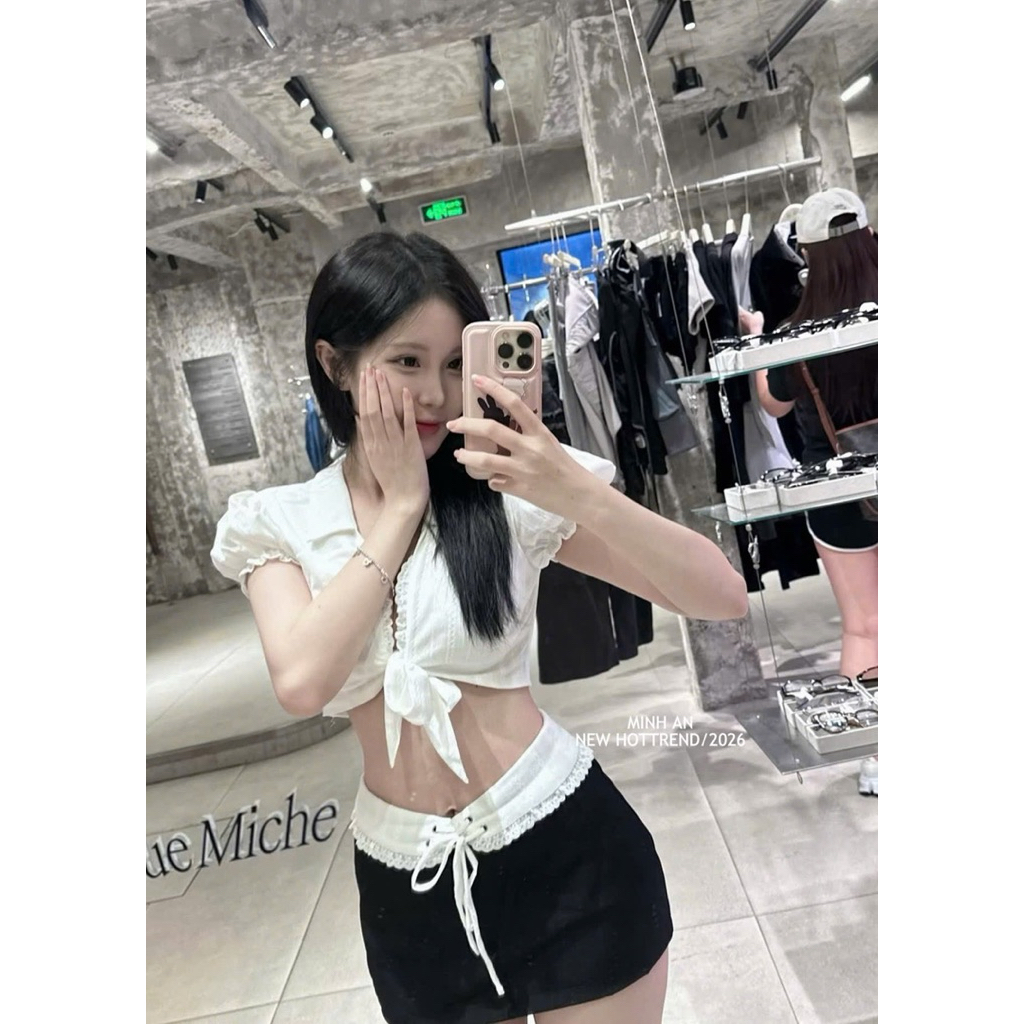Sét áo buộc mix chân ôm viền ren  SM