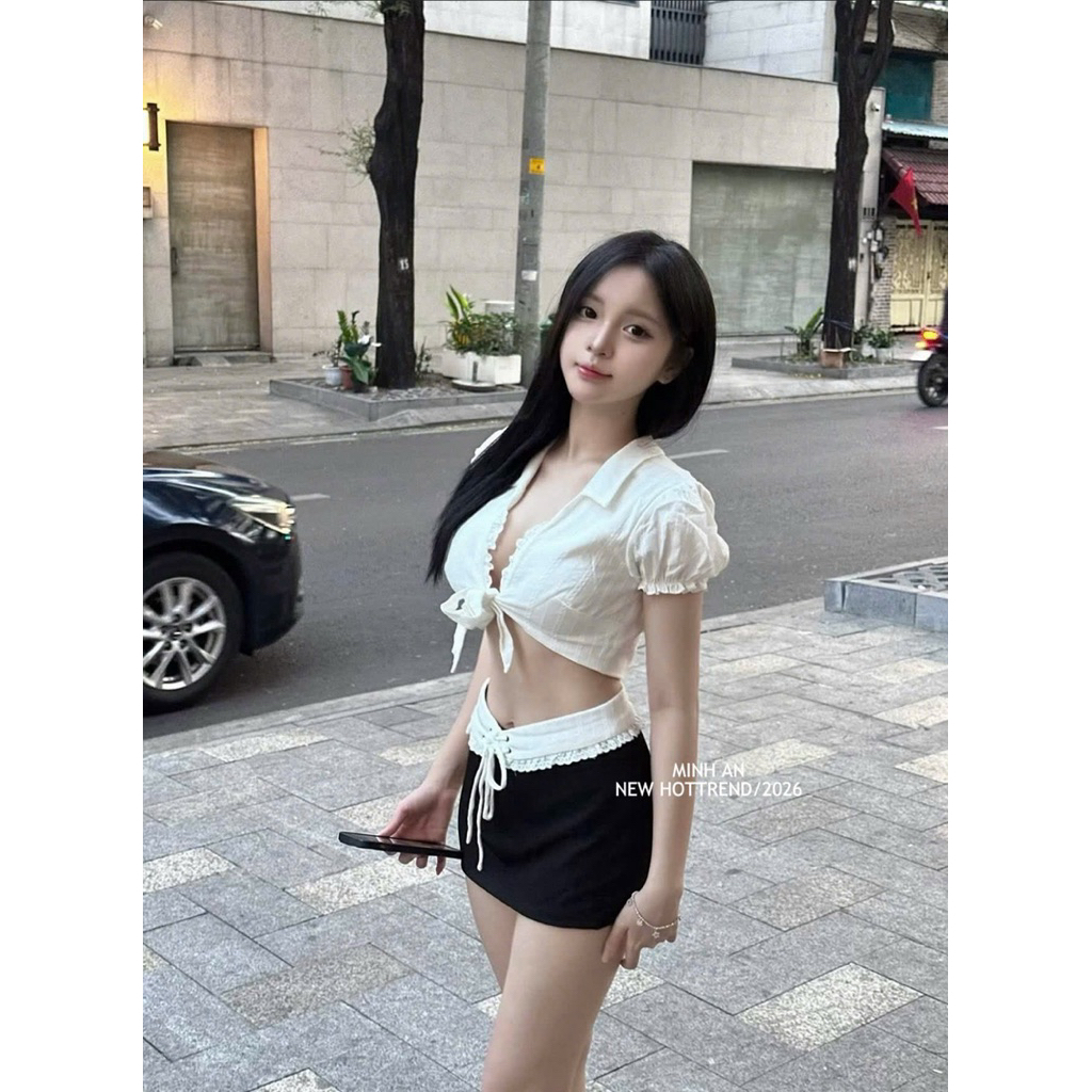 Sét áo buộc mix chân ôm viền ren  SM