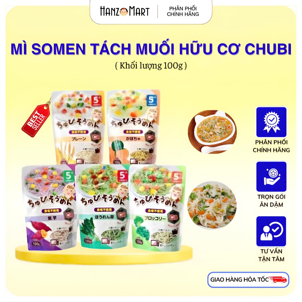 Mì Somen Tách Muối Bổ Sung Canxi ChuBi 5 vị cho bé, 100gr - hanzo2009