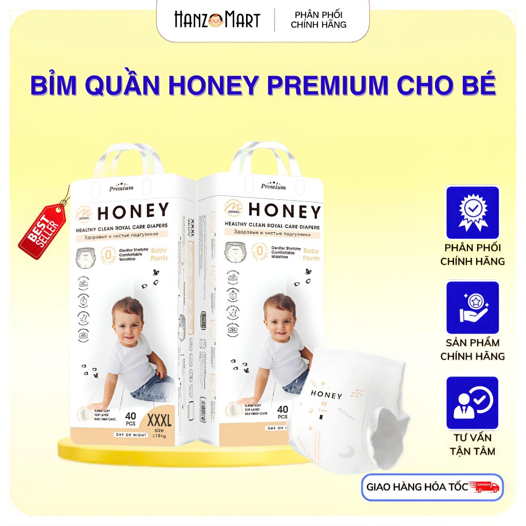 Bỉm tã quần Honey Premium tơ tằm cao cấp size M52/ L48/ XL44/ XXL42/ 3XL40/ 4XL38 miếng