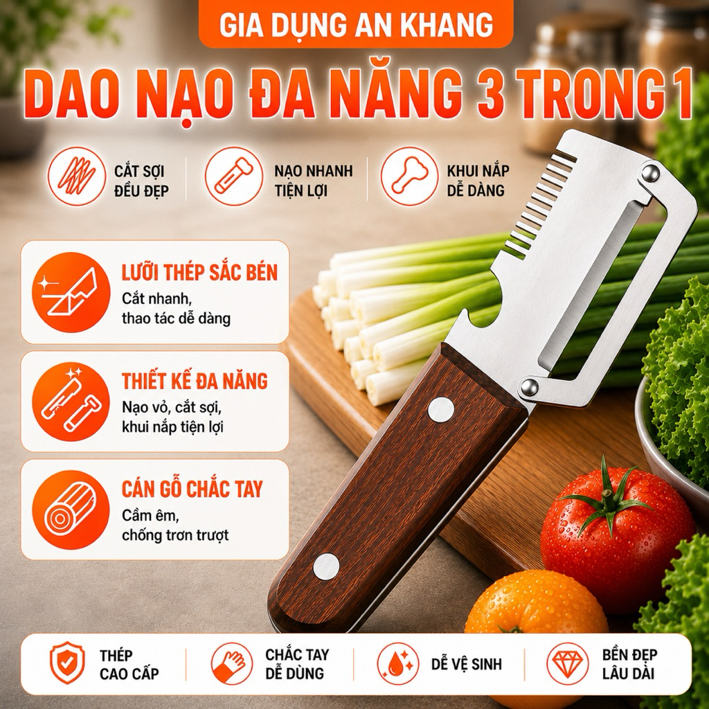 Dao Nạo Đa Năng 3 Trong 1 Gọt Vỏ Bào Sợi Hành Mở Nắp Cán Gỗ Cao Cấp