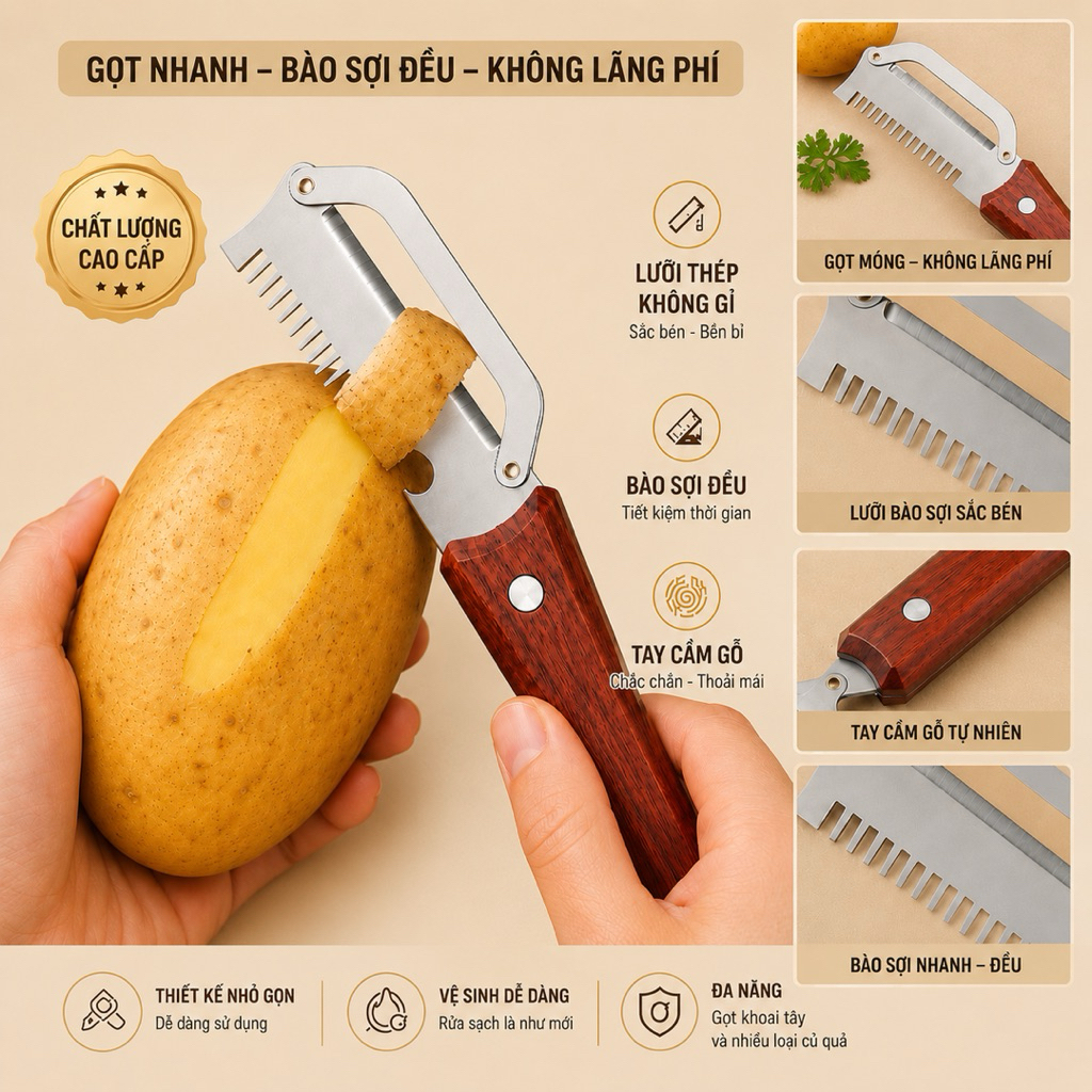 Dao Nạo Đa Năng 3 Trong 1 Gọt Vỏ Bào Sợi Hành Mở Nắp Cán Gỗ Cao Cấp